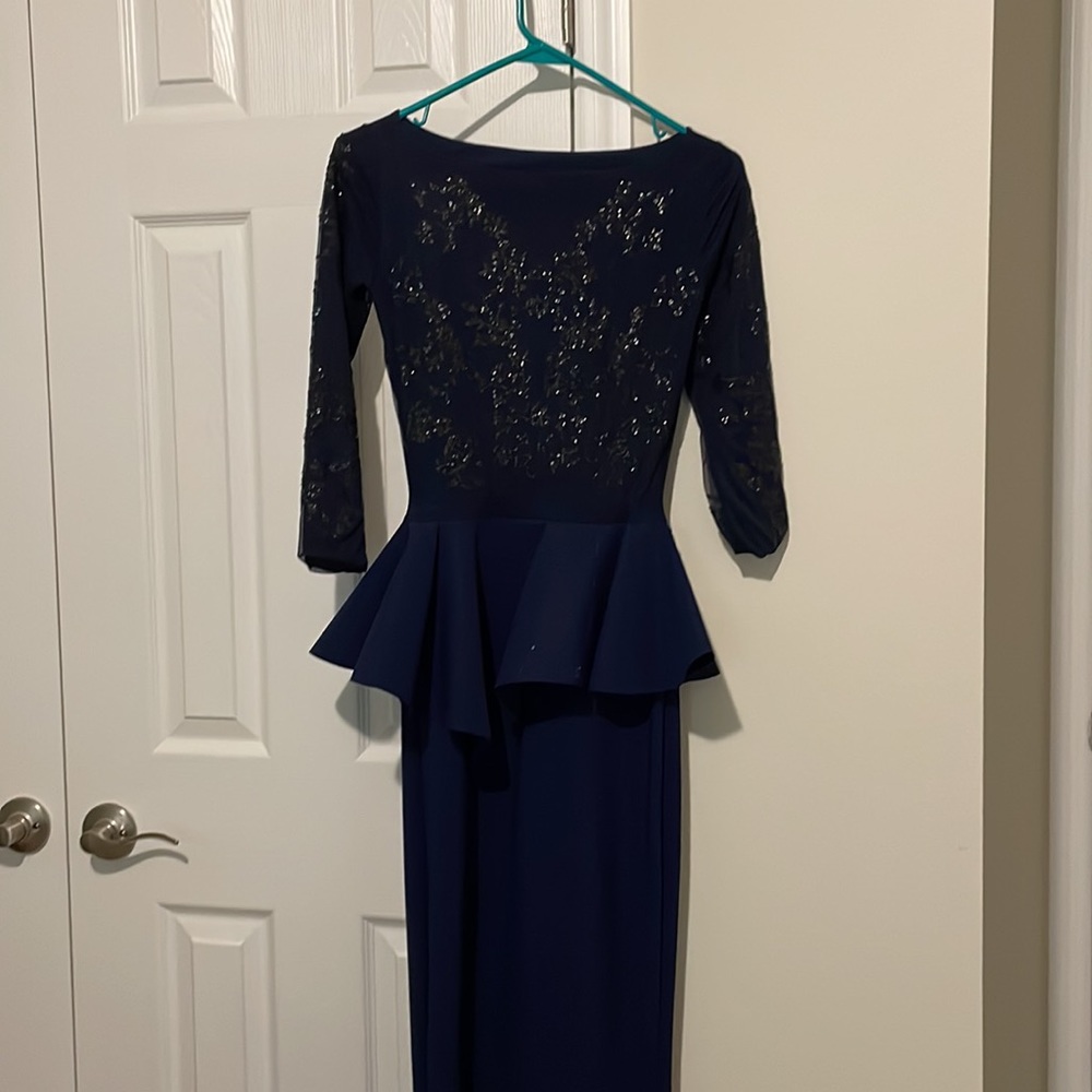 Long sleeve sequined navy evening gown grey condition size small - Picture 3 of 5